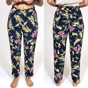 Whistles UK Silk Navy Blue Floral Print Silk Peddle Pusher Pants sz 6 29"